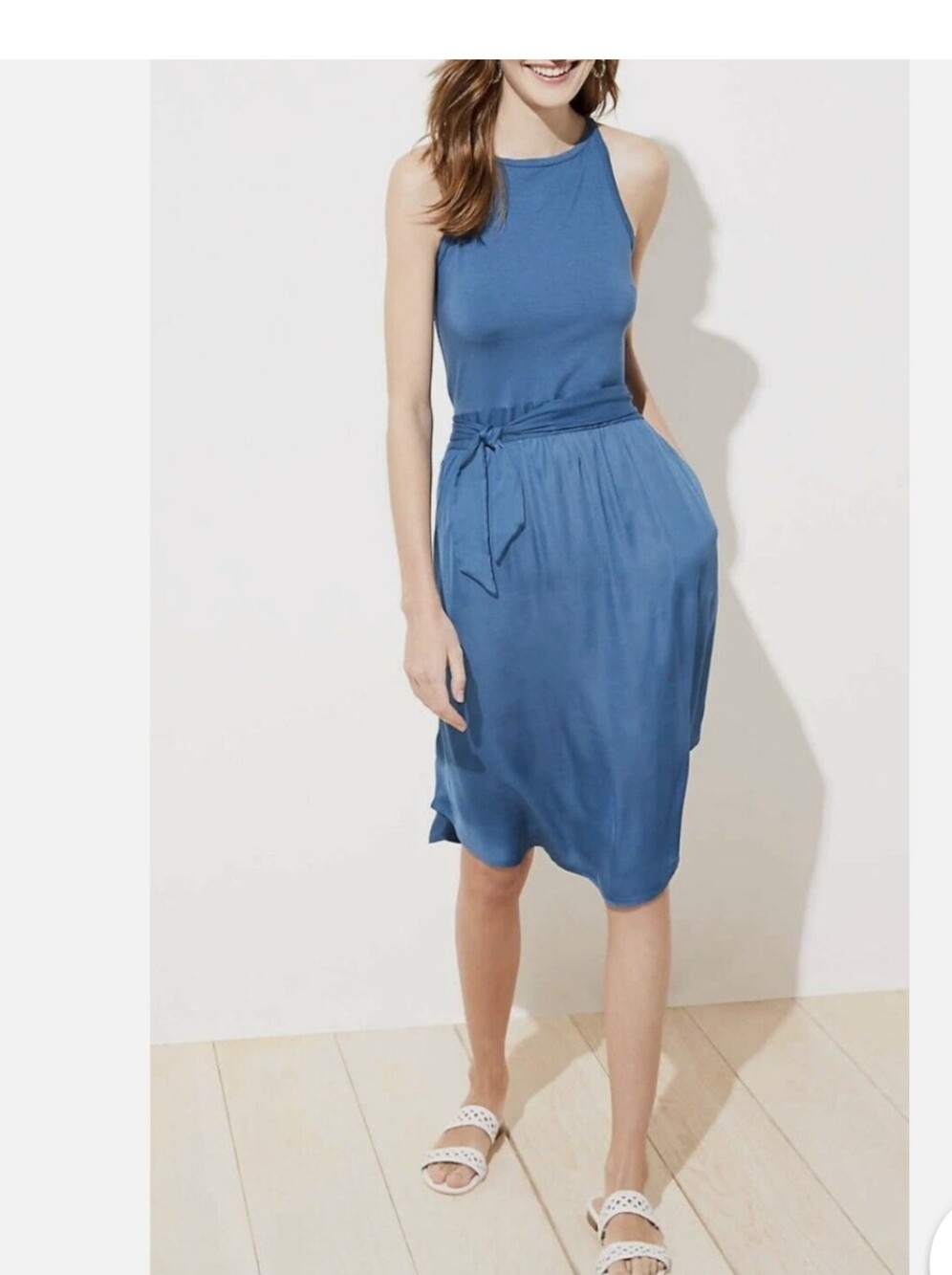 LOFT Slate Blue Sleeveless Tie-Waist Midi Dress